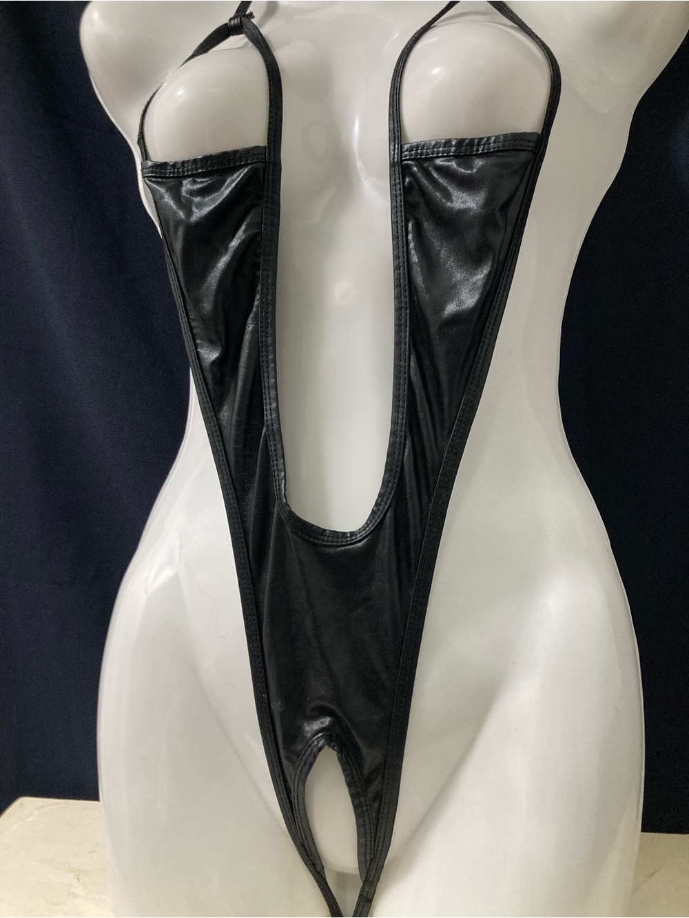 Black Faux Leather Deep Plunge Monokini NWOT